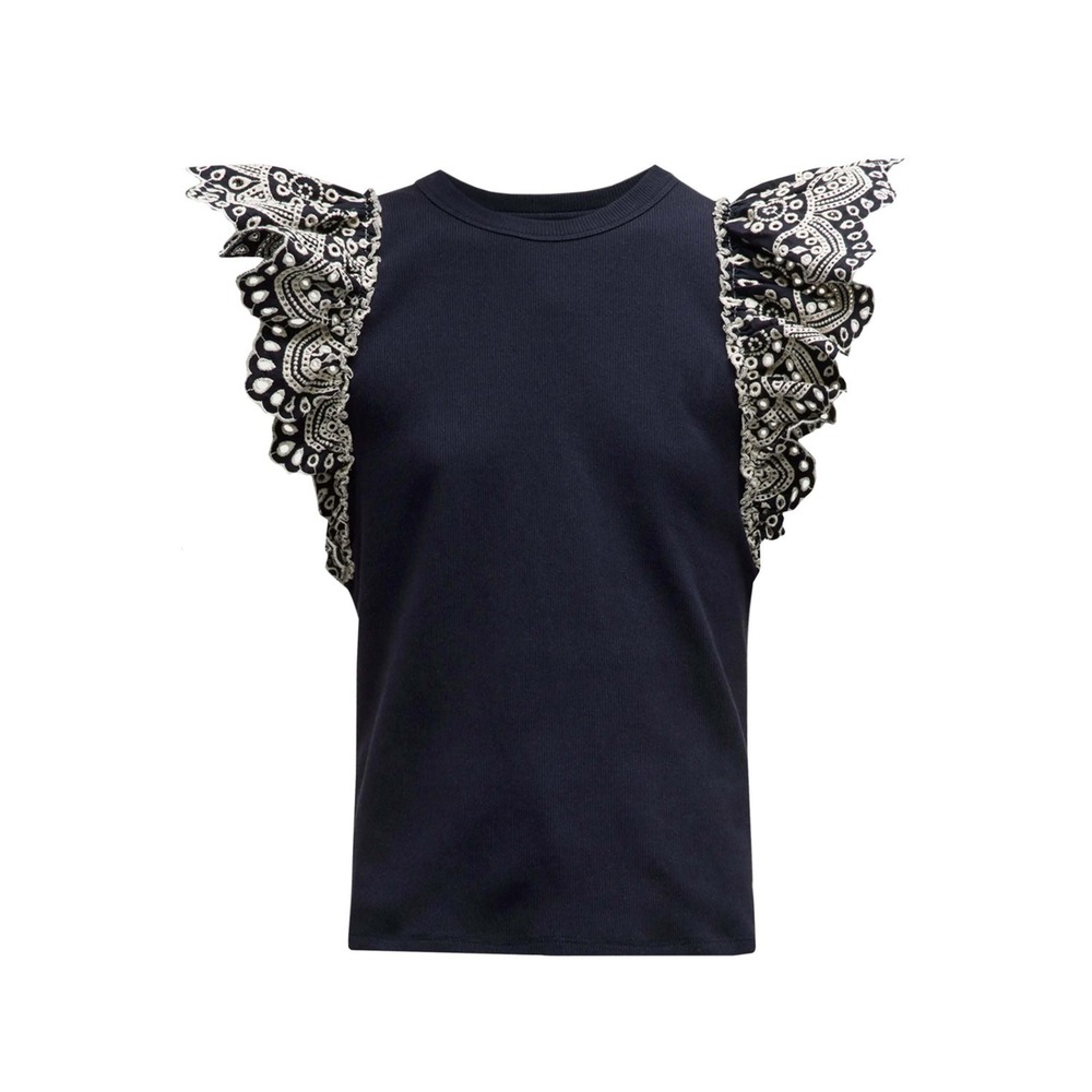 Veronica‎ Beard Navy Ribbed Knit Top White Eyelet Lace Flutter Sleeve Tank Small - Picture 2 of 8
